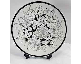 1 Prato de Jantar Mikasa Bouquet 12" Cera-Stone A2037 Preto e Branco '60s Flower Power