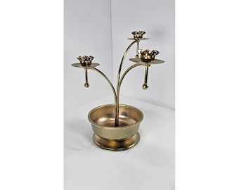 Vintage Brass Tone 3 Arm Candelabra w/ Bowl Base Drip Tray Candle Holder Decor