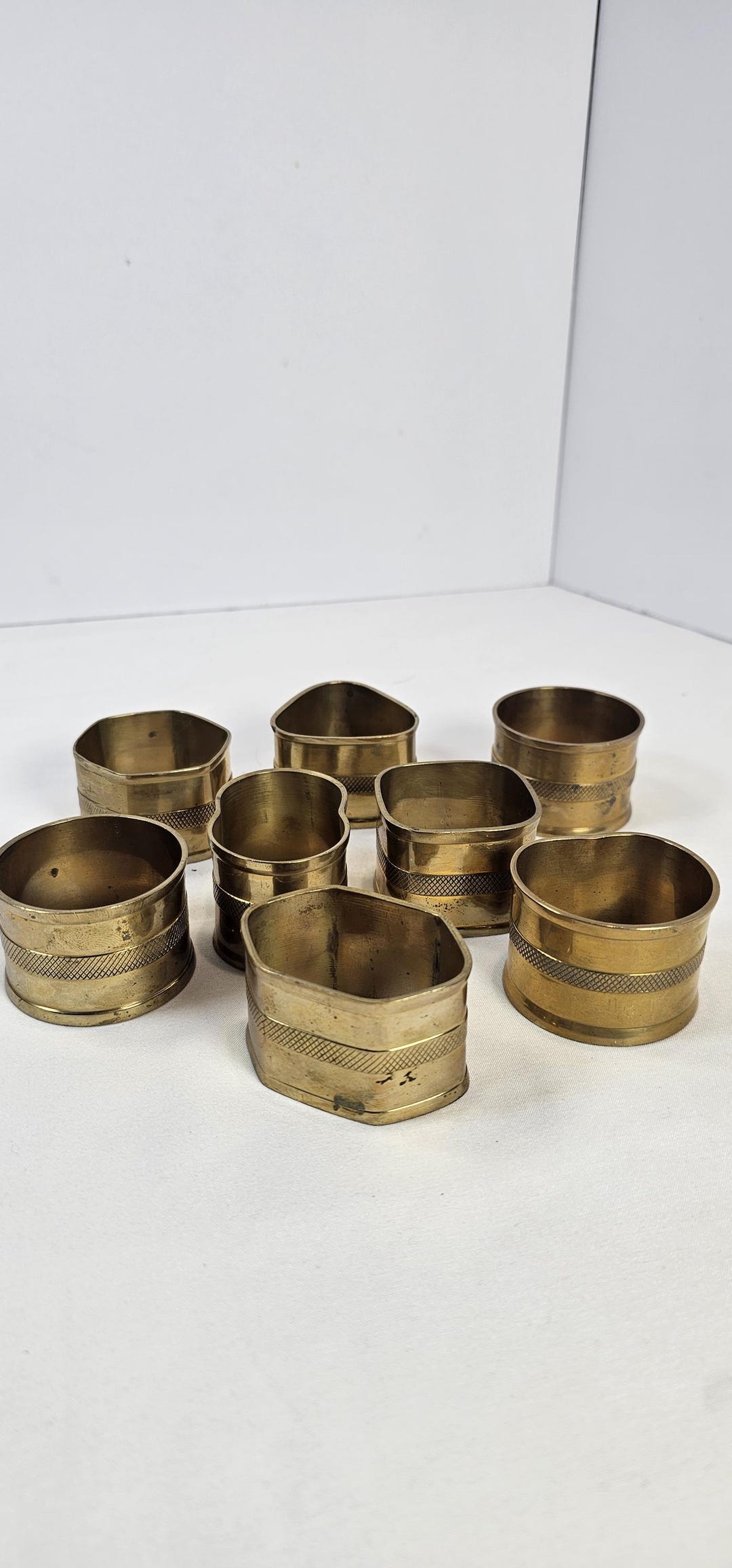 8pc Solid Brass Napkin Rings Assorted Shapes Textured Knurled Band ...