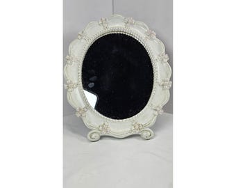 Espejo de pared ovalado vintage Syroco, blanco con estampado floral, estilo shabby chic, decoración rústica, EE. UU. 1943