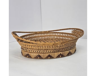 Cestino vintage in rattan con pizzo Tenerife, vassoio ovale intrecciato a mano con nodo a volute, 24 cm.