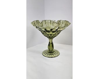 Vintage Fenton Thumbprint Footed Compote Ruffled Edge Colonial Green 7.5" Tall