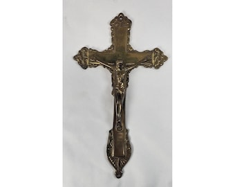 Crucifijo de pared antiguo de latón macizo con la cruz de Jesús INRI, decoración religiosa de 9 pulgadas, ornamentado.