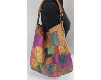 VTG Lucky Brand Y2K Boho Patchwork Leather Suede Hobo Bag Multicolor Magnet