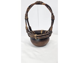 Vintage Handmade Redware Pottery Basket Wicker Handle Primitive Decor Small 8"
