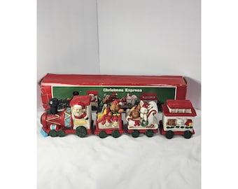 Juego de tren expreso navideño de porcelana vintage de 4 piezas con Papá Noel y caja