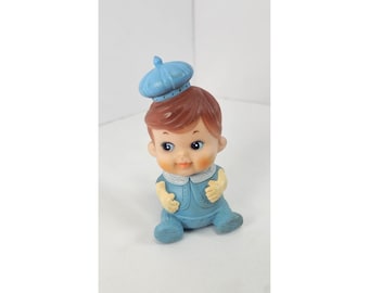 VTG Iwai Rubber Squeak Toy Works Baby Boy In Blue With Hat Head Moves Japan