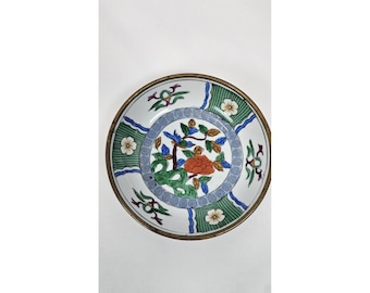 Vintage Japanese Porcelain Ware Bowl Brass Metal Wrap 4"D Hand Painted Hong Kong