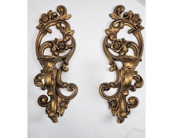Vintage Homco Gold Tone Wall Candle Holders Pair Ornate Hollywood Regency