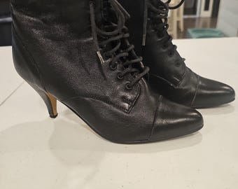 Vintage 80s New Face Black Lace-Up Witchy Boots 6.5 Leather Made in Yugoslavia