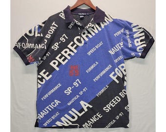 Vintage Y2K Nautica Polo Shirt L Blue Black Spellout Graphic Sailing Performance