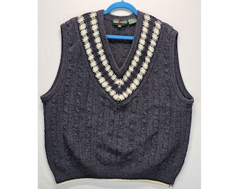 Vintage Marc Lewis Sweater Vest XL Gray V Neck Knit Argyle Trim Grandpa Golf