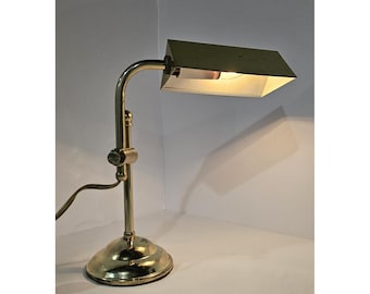 Vintage Brass Desk Lamp Adjustable Arm Rectangular Shade Mid Century - Working