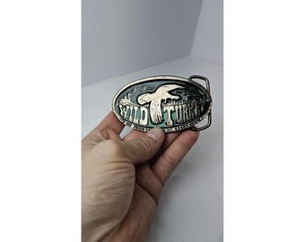 Vintage Wild Turkey Belt Buckle Duck Hunting Green Enamel Mallard 907 USA