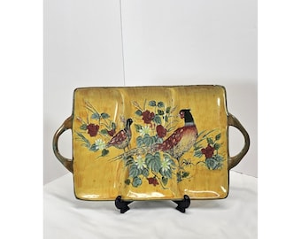 Bandeja de servir vintage con diseño de faisán, dividida, de cerámica amarilla con asas, estilo rústico, 15x9