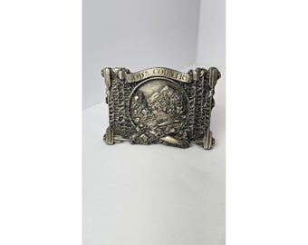 Vintage Bergamot Brass Belt Buckle God's Country Mountain Scene 1982 USA
