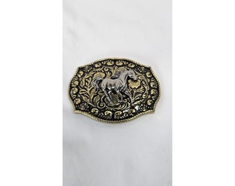 Western Silver Horse Belt Buckle Gold Tone Black Enamel Cowboy Rodeo 3in