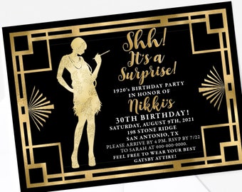 Great Gatsby Birthday Invitation-Art Deco Birthday Invitation-Gatsby Surprise Birthday Invitation- Roarings 20s Gatsby Invitation