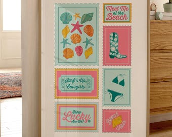 Coastal Cowgirl Stamp Art Print, Beachy Home Decor (Digital Download)
