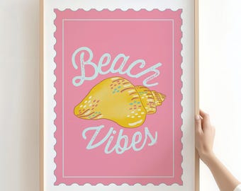Coastal Cowgirl Art Print: Pink Seashell, Beach Vibes (Digital Download)