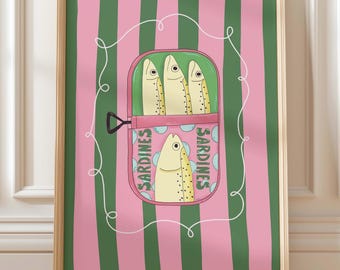 Colorful Tinned Sardine Art Print, Whimsical Kitchen Wall Art, Pink Green Stripes (Digital Download)