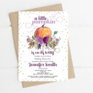 A Little Pumpkin Is On The Way-Fall Baby Shower Invitation-Purple Baby Shower Invitation-Pumpkin Baby Invitation-Glitter Baby Shower