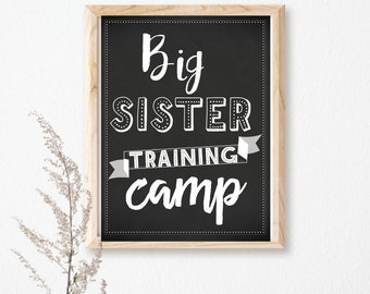 May include: A black chalkboard sign with white text that reads "Big Sister Training Camp". The sign is framed in a light wood frame.