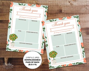 All About My Teacher Printable, Orange Tree Design, Thank You Card (Digital Download)