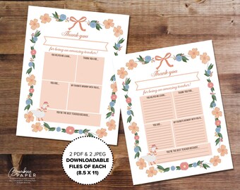 All About My Teacher Printable, Fill-in-the-Blank Thank You Card (Digital File)