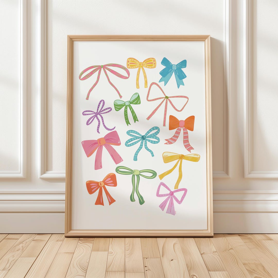 Colorful Bows Art Print, Coquette Bow Printable: Preppy Pink Room Decor ...