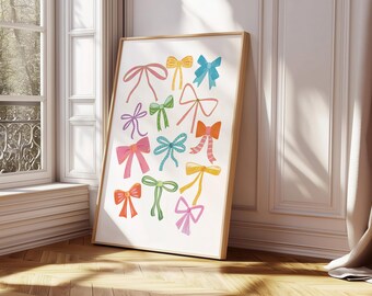 Colorful Bows Art Print, Coquette Bow Printable: Preppy Pink Room Decor (Digital Download)
