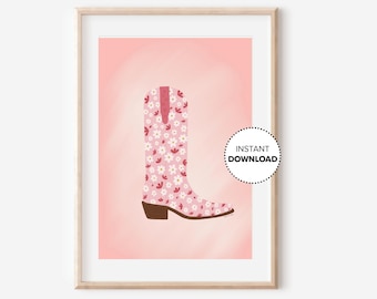 Trendig väggkonst - Rosa cowgirl-stöveltryck - Studentrumstryck - Cowboy-stöveltryck - Coquette Cowgirl-stöveltryck - Rumskamratpresent - Estetik till studentlägenhet