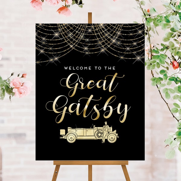 Printable Great Gatsby Welcome Sign-Art Deco Welcome Sign-Gatsby Theme Party Favors-Black and Gold Welcome Sign-Roaring 20s Welcome Sign