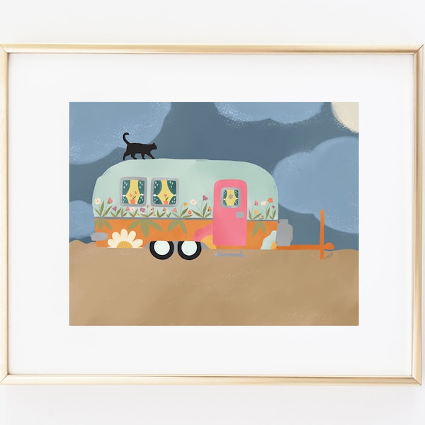 Retro Camper Digital Art Print-Retro Van-Vintage Camper-Watercolor Camper Life-Black Cat-Camping Wall Decor-Camper Life Artwork-Happy Camper