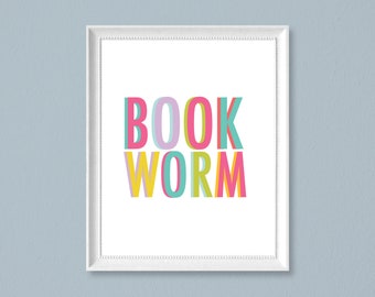 Book Worm Print, Colorful Classroom Decor (Digital File)
