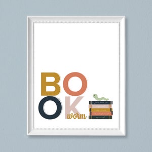 Boekenworm print-boekenworm afdrukbare-kinderkamer muur decor-leeshoekje print-boekenworm kunst-boekenworm poster-leeshoek teken-afdrukbare kinderen