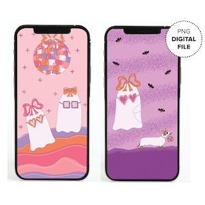 Op de afbeelding: Twee smartphoneschermen met digitale kunst. Eén toont een discobal en geesten met strikken en harten op een roze achtergrond. De andere toont geesten, vleermuizen en een hond met een pompoen op een paarse achtergrond. Tekst luidt "PNG DIGITAL FILE."