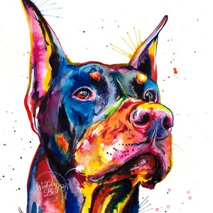 Colorful Doberman Pinscher Art Print Print of my Original Watercolor Painting image 2