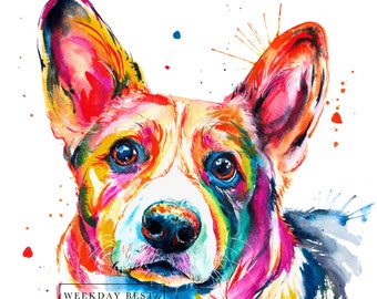 Op de afbeelding: Een levendig aquarelschilderij van een Corgi-hond met spetters in rood, geel, blauw en paars. Het kunstwerk bevat de tekst WEEKDAY BEST art by Elen Russell en een handtekening in de rechterbenedenhoek op een witte achtergrond.
