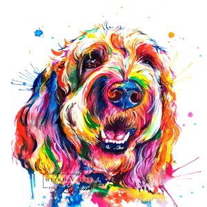 Colorful Goldendoodle or Labradoodle wall art print of my original watercolor painting FREE ship image 2