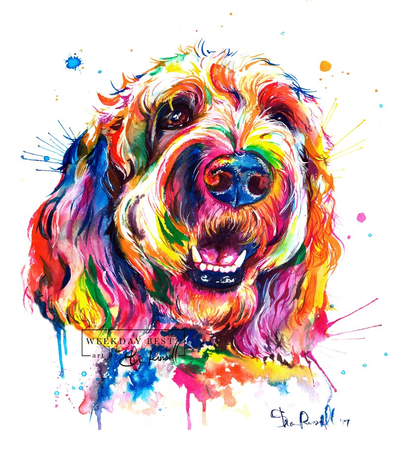 Colorful Goldendoodle or Labradoodle wall art print of my original watercolor painting FREE ship image 2