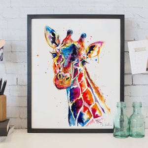 Colorful Giraffe Watercolor Painting - print of original Giraffe art (FREE Shipping)