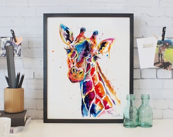 Colorful Giraffe Watercolor Painting - print of original Giraffe art (FREE Shipping)