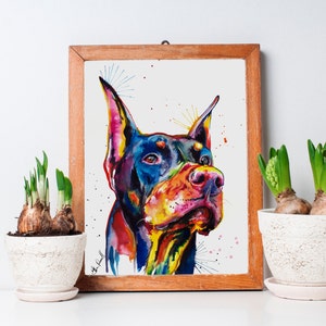 Colorful Doberman Pinscher Art Print Print of my Original Watercolor Painting image 1