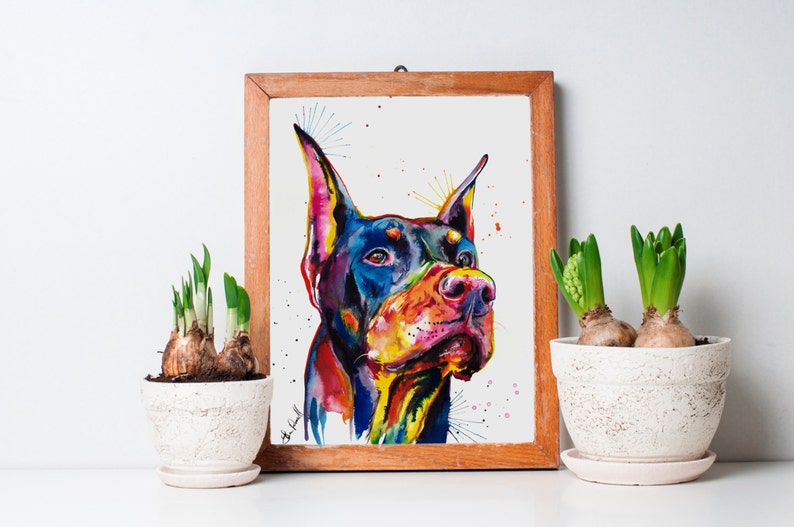 Colorful Doberman Pinscher Art Print Print of my Original Watercolor Painting image 1