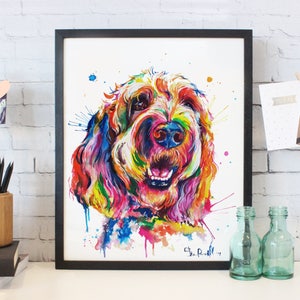 Colorful Goldendoodle or Labradoodle wall art print of my original watercolor painting FREE ship image 1