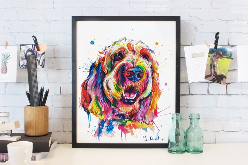 Colorful Goldendoodle or Labradoodle wall art print of my original watercolor painting FREE ship image 1