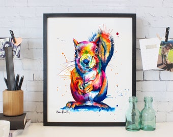 Colorida ardilla acuarela pintura - impresión de mi arte original de la ardilla