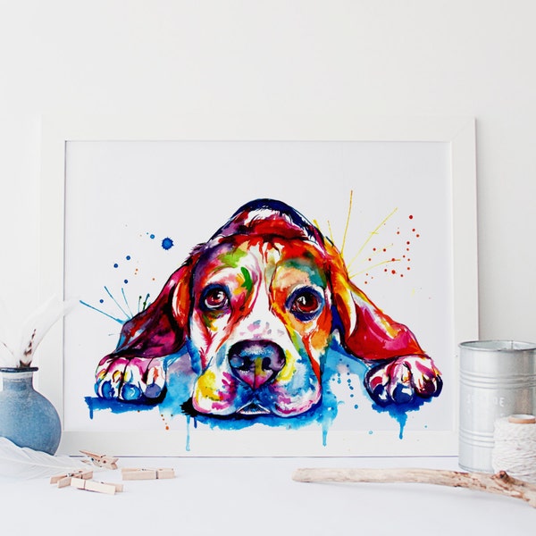 Beagle Dog Colorful Art Print - Tirage d’une aquarelle originale