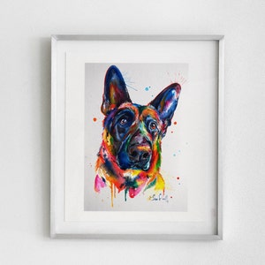 Bright and colorful German Shepherd art, print of my original watercolor painting